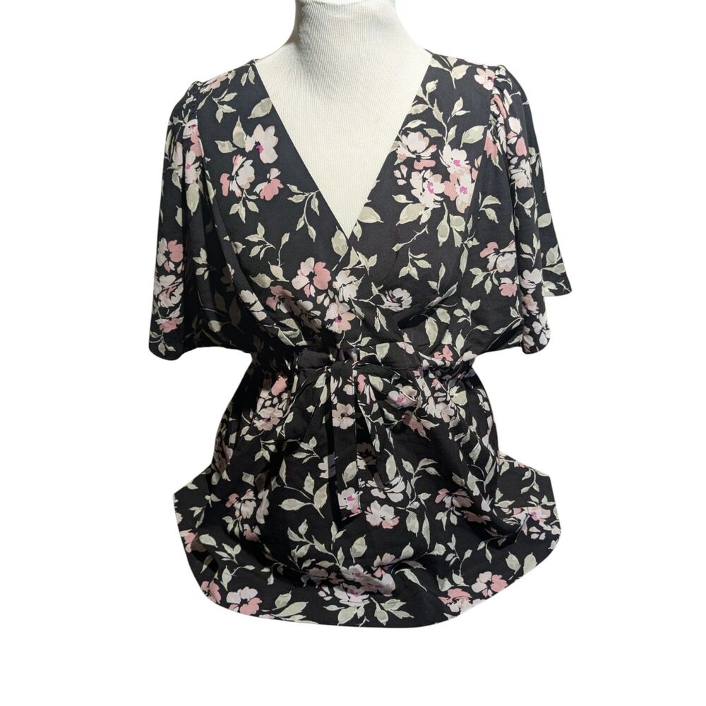 Motherhood Maternity M Floral V-Neck Tie Waist Flutter Sleeve Top